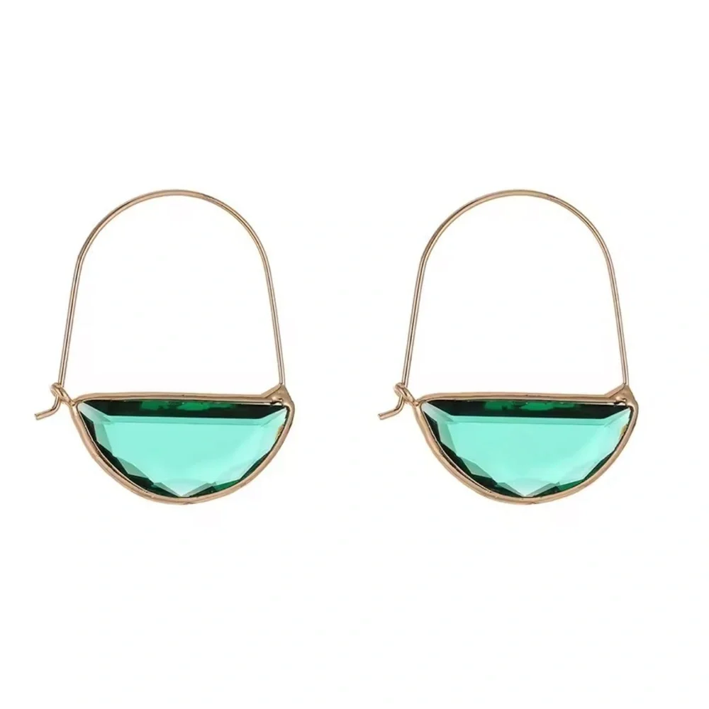 Emerald Green Glass Crescent Hoop Gold Earrings